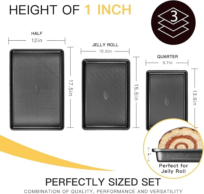 Cookie Sheets for Baking Nonstick - HONGBAKE Baking Sheet Pan Set of 3, Half/Quarter/Jelly Roll Pan for Oven with Diamond Texture Pattern, 57% Thicker Carbon Steel Cookie Trays, Dark Grey