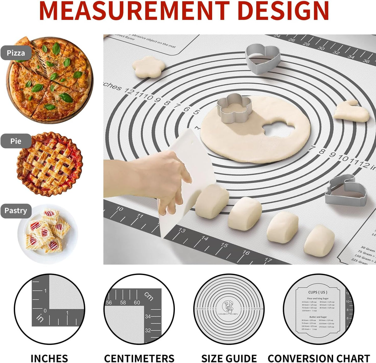 Silicone Baking Mat with Measurement, Non Stick Pastry Mat for Dough Rolling, Fondant Mat, Pie Crust Pizza, Macaron,Cookie Sheet, Reusable Baking Supplier Tools