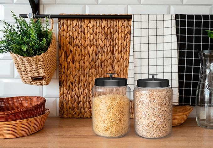 KooK Glass Storage Containers with Lids, Glass Jar with Lid, 1 Gallon, Set of 2, Glass Canister, Storage, Laundry, Kitchen Jar, (Circular, Black)