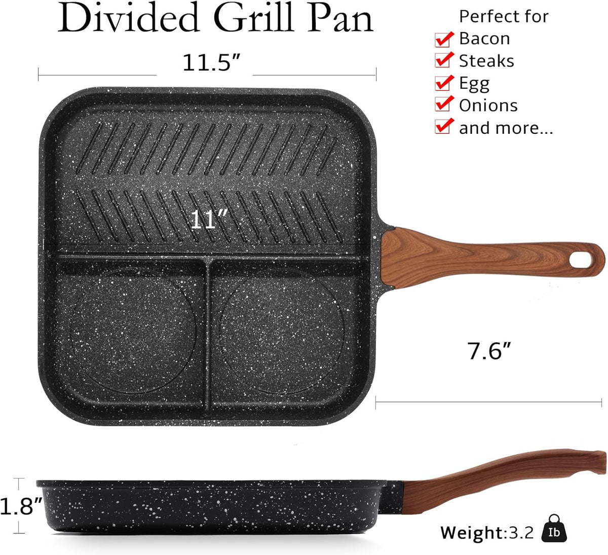 ESLITE LIFE 11 Inch Nonstick Divided Grill Pan for Indoor Cooking, Versatile 3-In-1 Induction Large Breakfast Pan for Stove Tops, PTFE & PFOA Free, Black