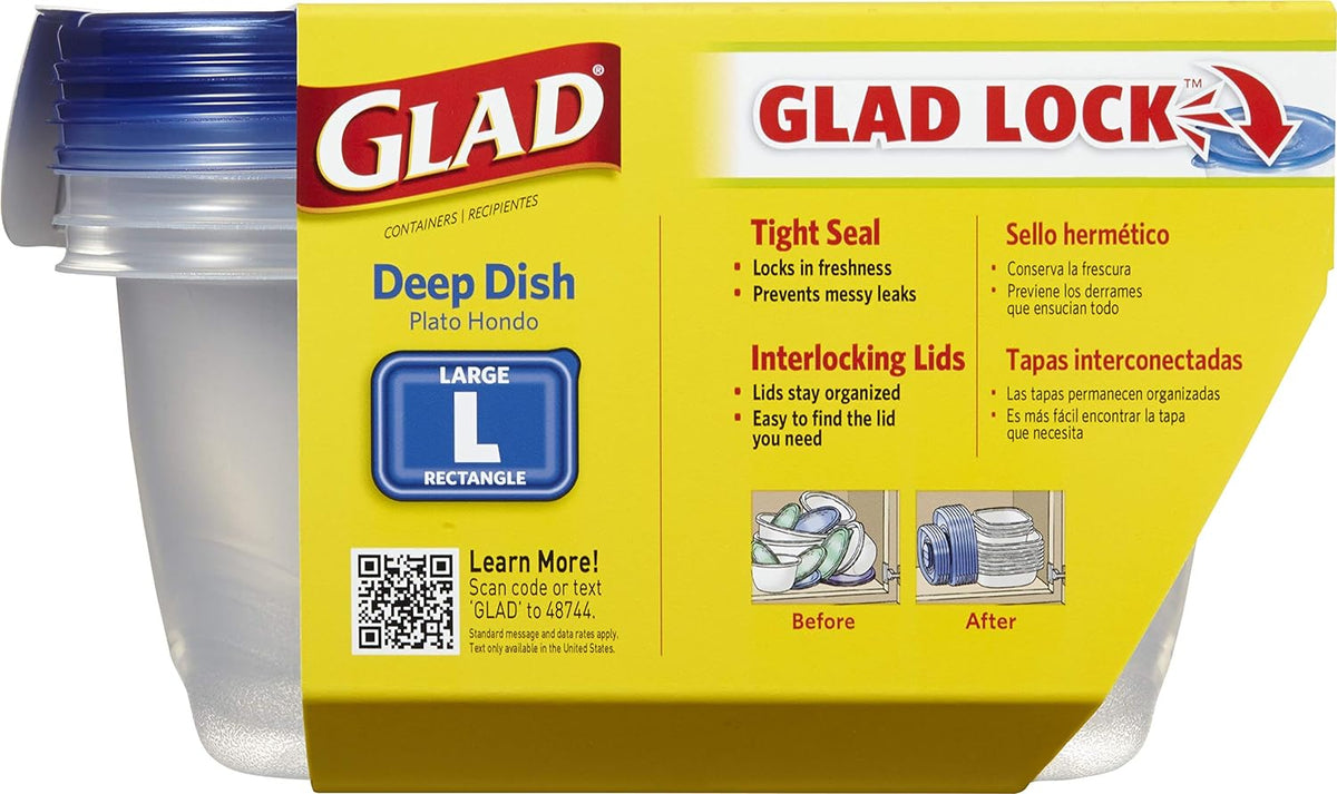 Glad GladWare Deep Dish Food Storage Containers, Large Rectangle - Meal Container Holds up to 64 Ounces of Food - Lock Tight Seal, 3 Count - 6 Pack
