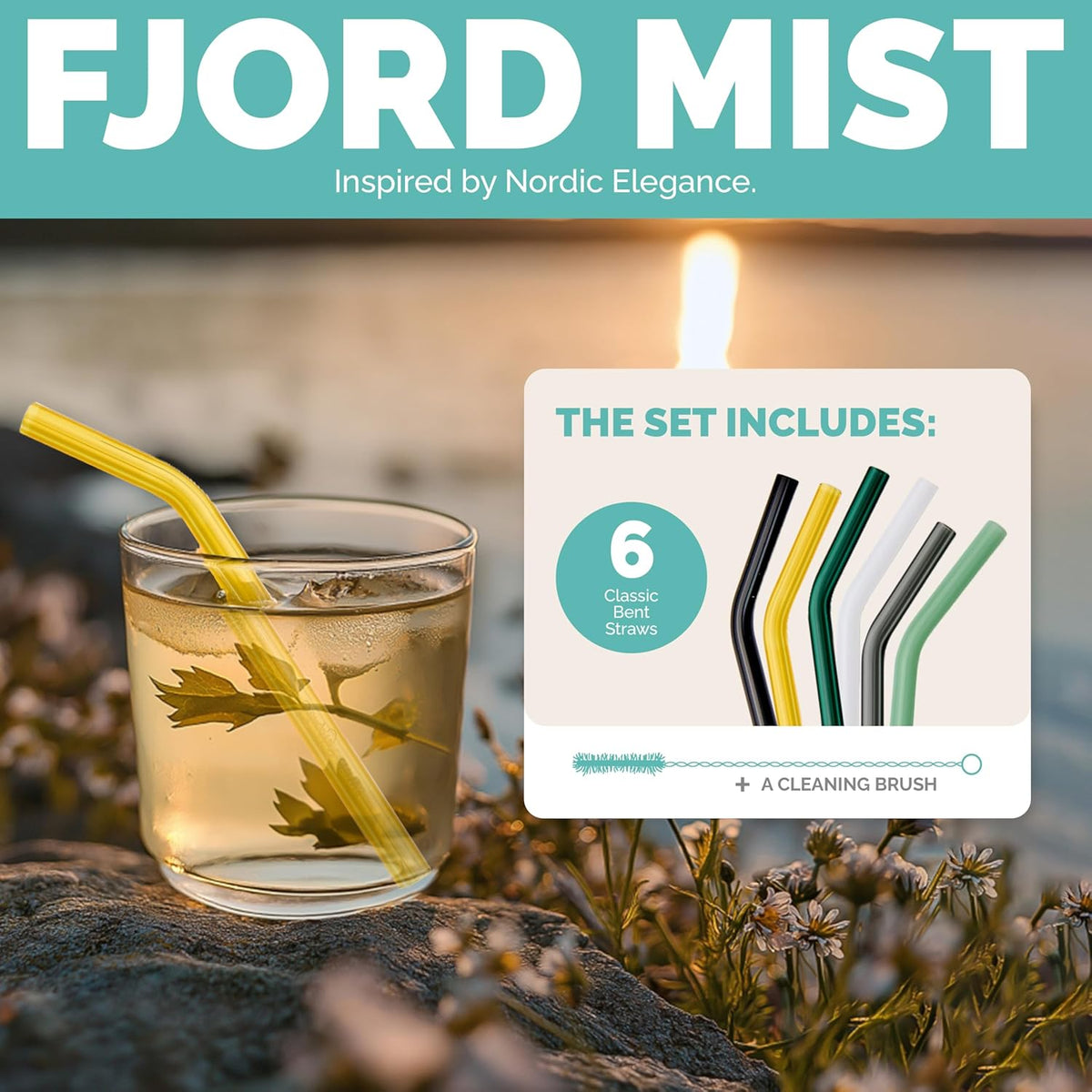 Simply Straws 6 Inch Glass Straws Bent (6-Pack) – Reusable Glass Straws for Low Balls & Stemless Glasses, with Cleaning Brush – Dishwasher Safe, Hot & Cold Use, BPA-Free (Fjord Mist)