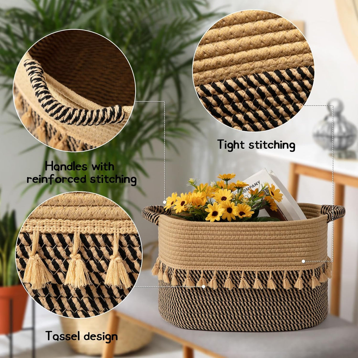 TeoKJ Set of 3 Baskets for Organizing, Decorative Rope Baskets for Storage, Storage for Pets, books, Pillows, Toys & Cloths, Black & Jute