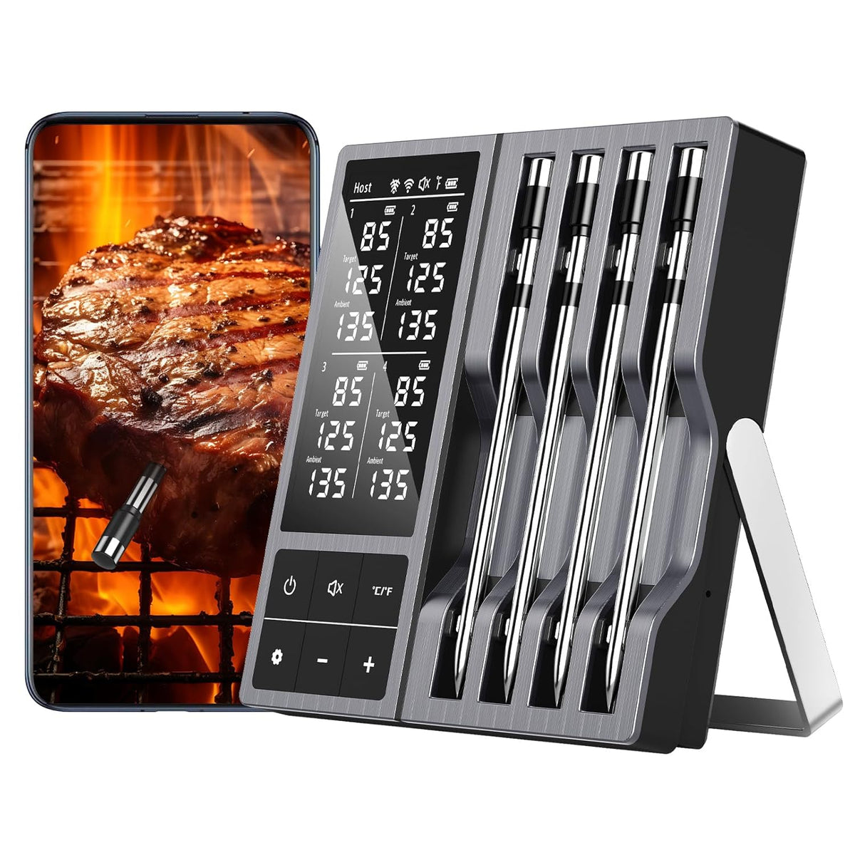 Wireless Meat Thermometer with Smart Timer & APP Alerts, 800ft Bluetooth Grill Food Thermometer, 4 X 0.19In Ultra Thin Probes, ±0.5℉ Accuracy, Big Digital Backlit Screen, for BBQ, Oven, Smoker