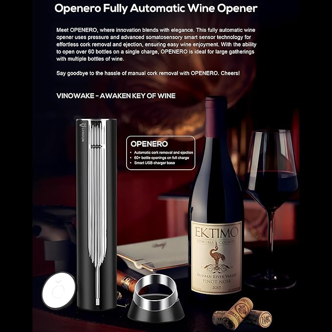 VINOWAKE Openero Electric Wine Opener By LINKSTYLE — Rechargeable Battery with Charging Base, Precision Steel Foil Cutter, Luxurious Matte Finish