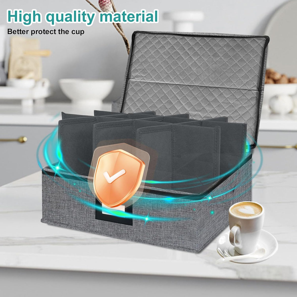 VERONLY Mug and Cup Storage Box with Dividers, Coffee Mug Storage Case China Storage Containers Hard Shell with Lid and Handles, Stackable for 12 Coffee Mugs, Tea Cups, Moving & Packing (Dark Grey)