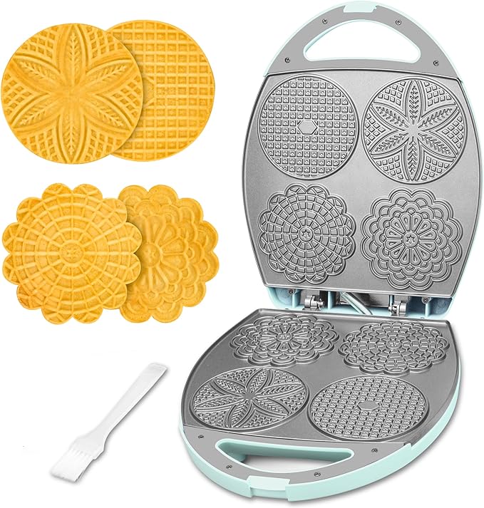 Baker's Friend Multi Pizzelle Maker Electric, Stroopwafel Iron, 4 x 4.5'' Pizzelle Waffle Cookies Maker with Temperature Control, Ideal for Holidays, Parties & More, Great Choice for Gift