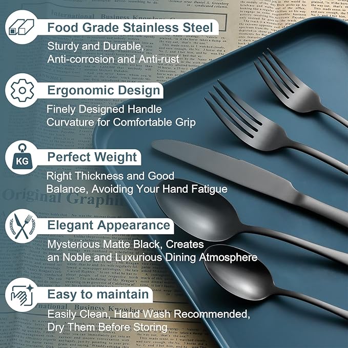 Briout Matte Black Silverware Set, Stainless Steel Cutlery Set Service for 4, Black Flatware Utensil Set Include Fork Knife Spoon for Kitchen Home Restaurant, Premium Tableware