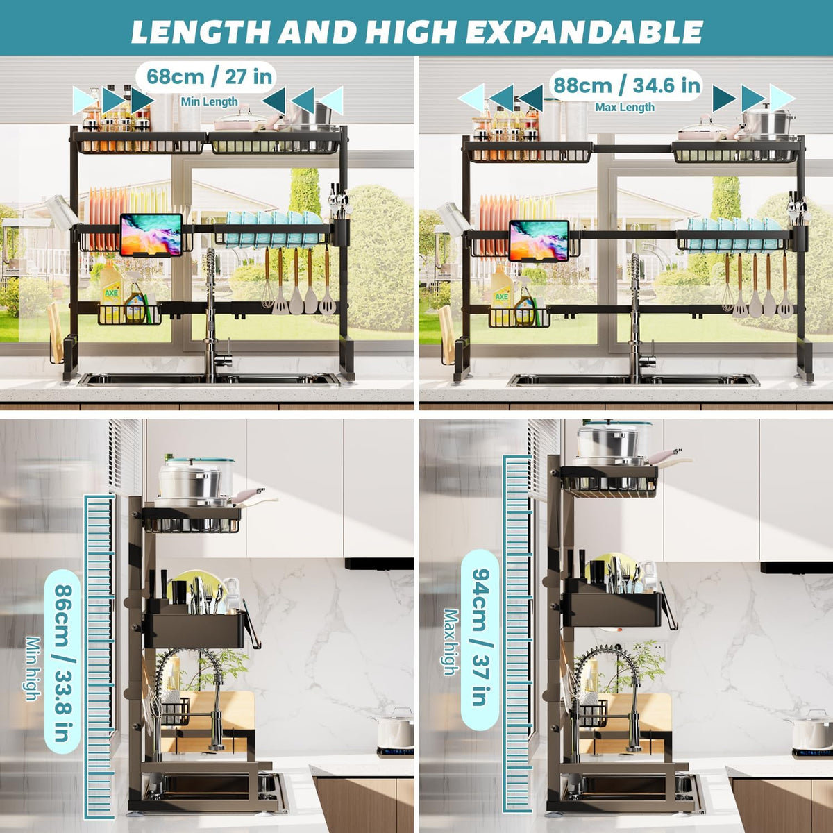 ADBIU Over The Sink Dish Drying Rack (Expandable Height and Length) Snap-On Design 2 Tier Large Dish Rack (27-40L x 12W x 32.5-37H (inches))