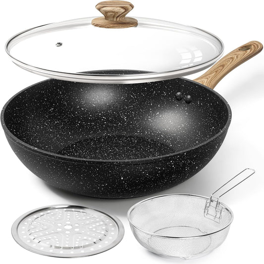 MICHELANGELO 12 Inch Wok Set - Woks & Stir-Fry Pans Nonstick Wok Pan with Lid, Induction Wok with Ergonomic Handle, Stainless Steel Steamer, Fryer Basket, Black