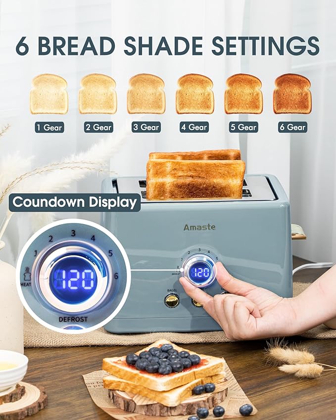 2 Slice Toaster, Retro Bread Toaster with LED Digital Countdown Timer, Extra Wide Slots Toasters with 6 Bread Shade Settings, Bagel, Defrost Function, High Lift Lever, Removal Crumb Tray, Ash Blue