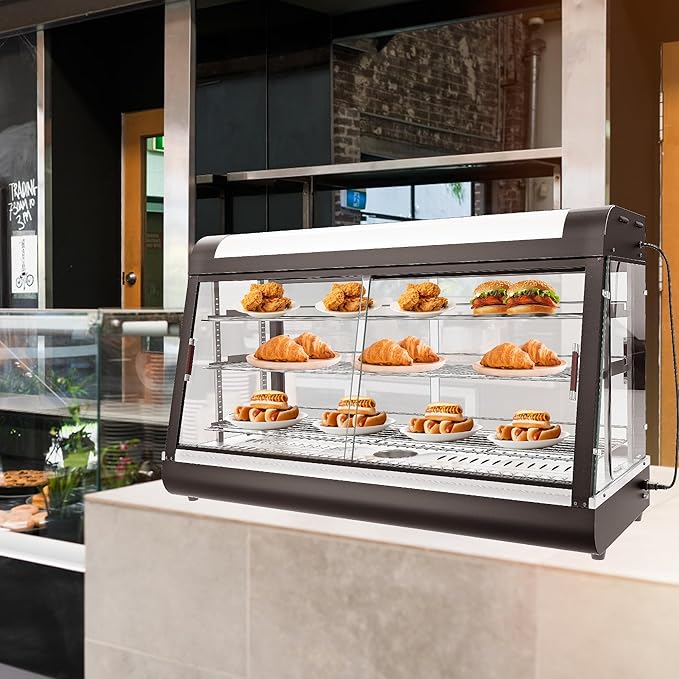 Whalefall 3-Tier Food Warmers Countertop, 48" Commercial Warm for Food Pizza Warmer w/ 3D Heating with Stainless Frame Sliding Glass Doors Pastry Display Case for Buffet Restaurant