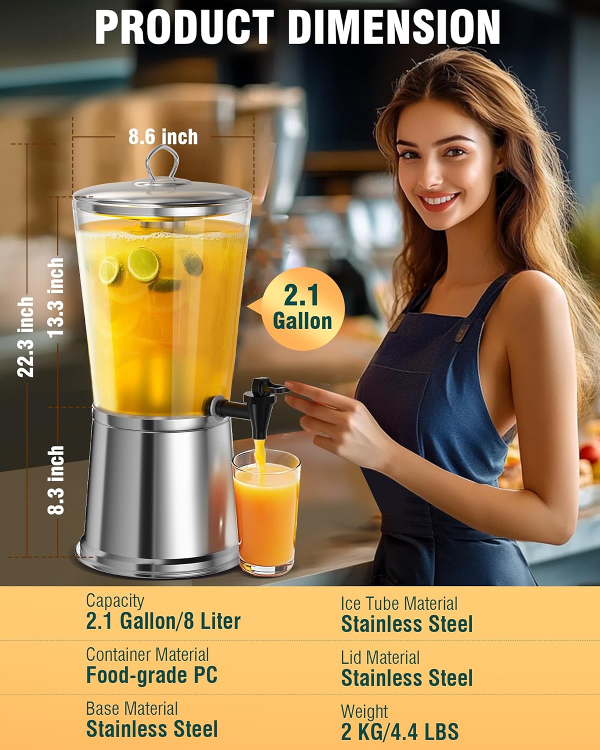 WantJoin Beverage Dispenser With Stand, Drink Dispenser for Party, Stainless Steel Water Dispenser with Ice Core, Spigot, Drink Jar Jug For Home Parties Lemonade, Clear Acrylic, 2-GALLONS 8 Liters