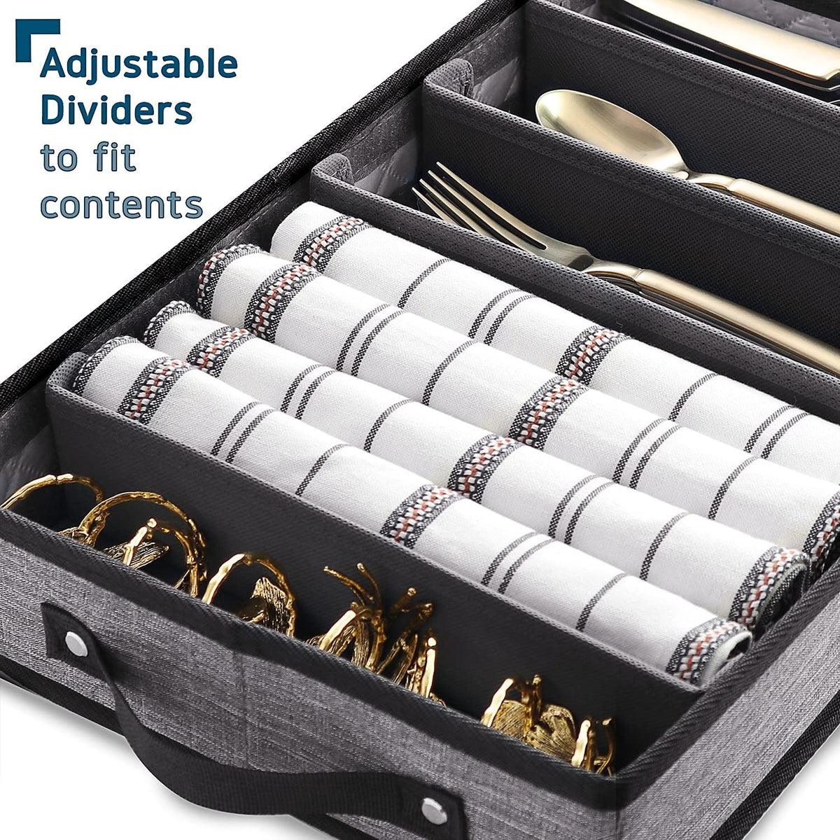Flatware & Utensil Storage, Durable Silverware Storage Box with Padded Dividers, 5 Compartment Flatware Storage Case, Silverware Case with Handles and Removable Lid - Protects and Organizes Cutlery