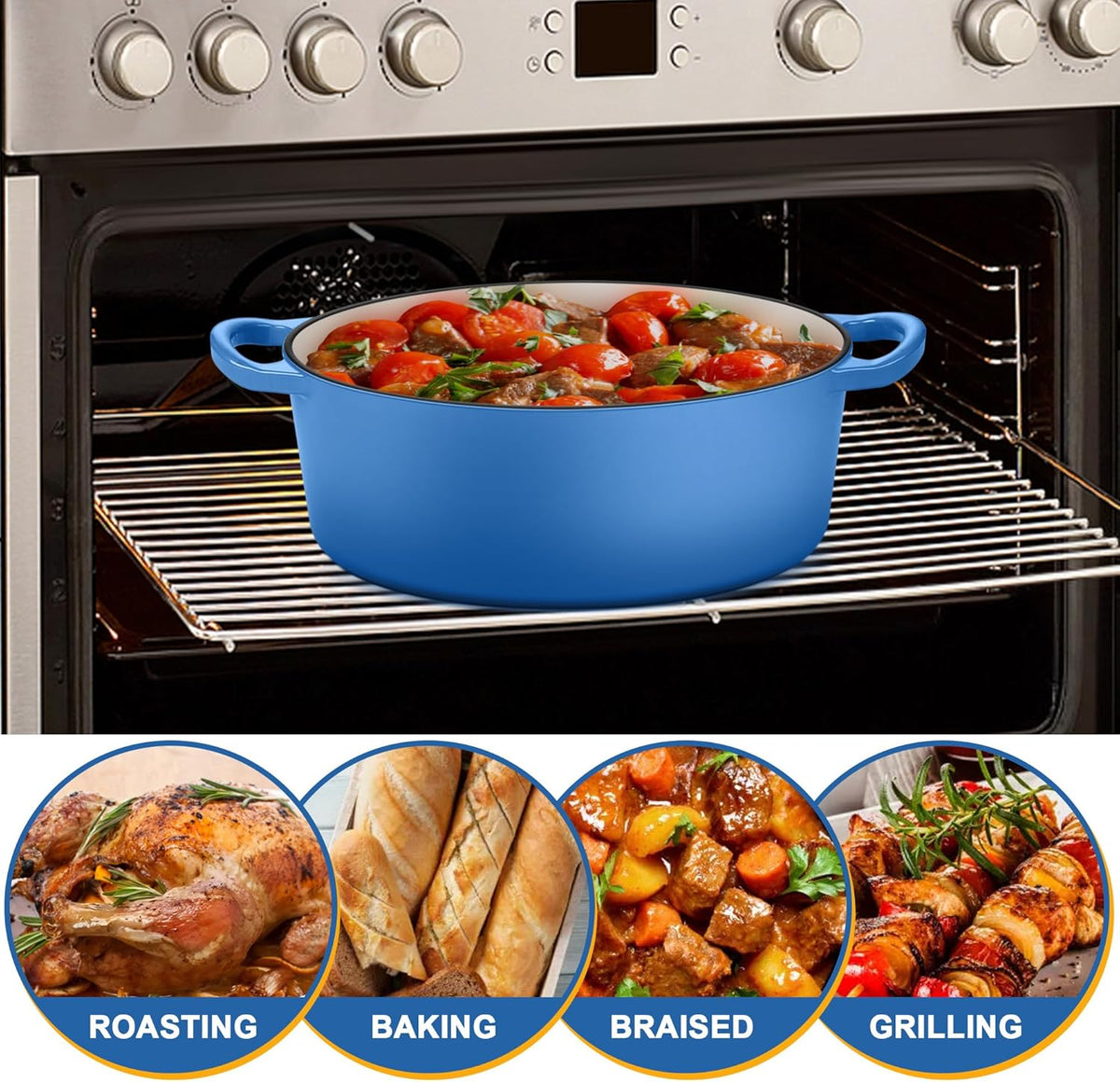 E-far 5QT Oval Dutch Oven Pot with Lid, Enameled Cast Iron Dutch Oven with Dual Handles for Sourdough Bread Baking Cooking, Nonstick Enamel Coated Cookware(Blue), Non-Toxic & Easy Clean