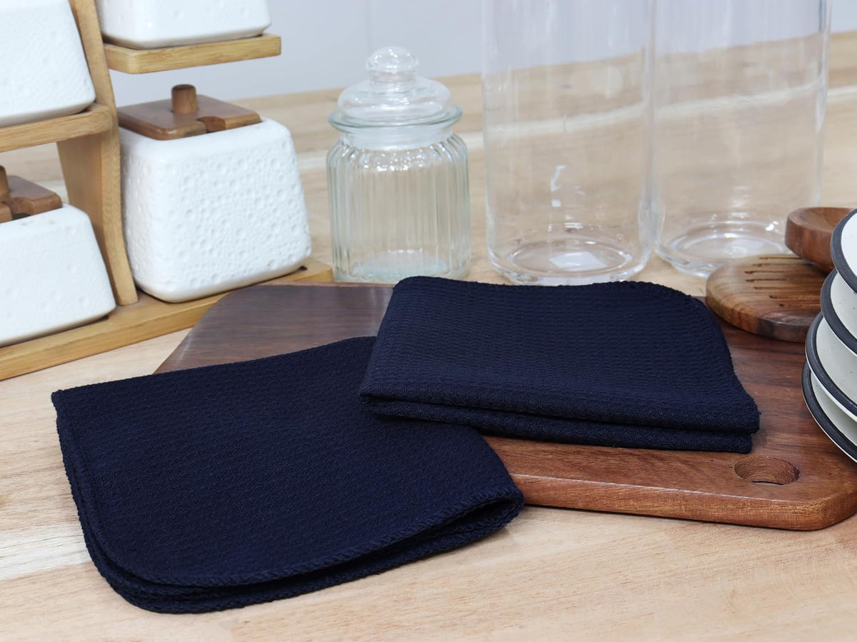 PurpleEssences Dish Cloths and Dish Rags - 6 Pack Waffle Weave Solid Kitchen Dish Wash Cloths, 100% Cotton, 12 x 12 Inches, Ultra Soft Absorbent Quick Drying - Navy Blue