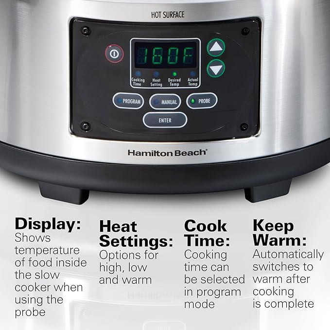 Hamilton Beach Portable 6 Quart Set & Forget Digital Programmable Slow Cooker with Lid Lock, Temperature Probe, Dishwasher Safe Crock & Lid, Stainless Steel (33969A)