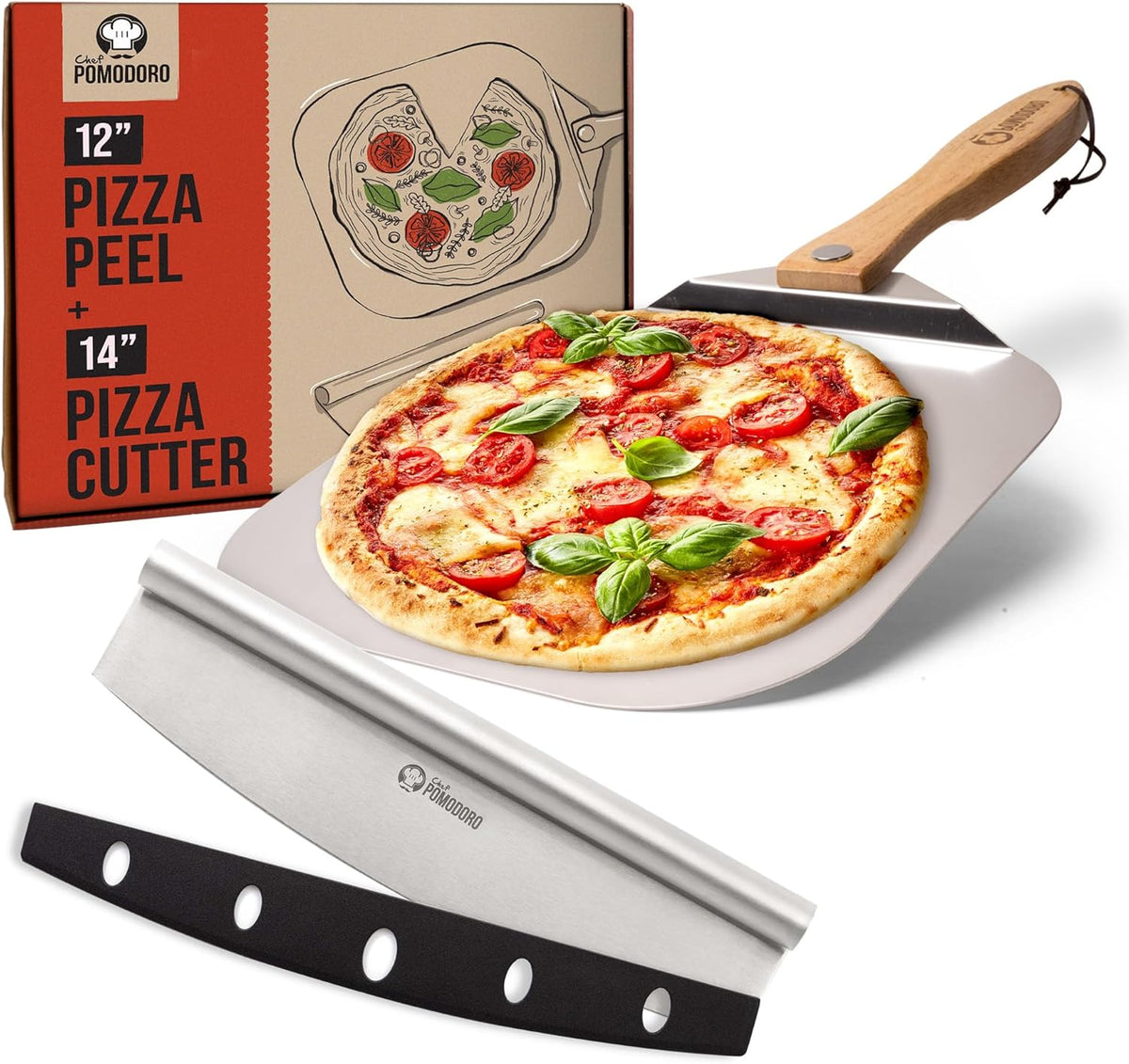 Chef Pomodoro Aluminum Metal Pizza Peel with Foldable Wood Handle for Easy Storage, Pizza Spatula, Gourmet Luxury Pizza Paddle for Baking Homemade Pizza Bread (12 x 14 inch + 14 inch Cutter)