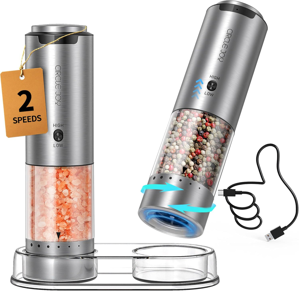 CIRCLE JOY Electric Salt and Pepper Grinder Set Stainless Steel Rechargeable Salt and Pepper Grinder Set, Variable Grinding Speed, External Adjustable Coarseness, Storage Base, White LED Light, Silver