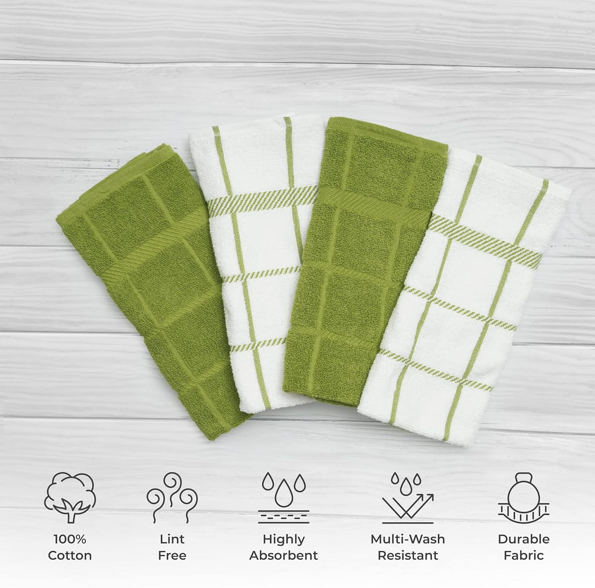 100% Cotton Terry Dish Towels, 4 pack16 x26 Inches, Super Soft and Absorbent Kitchen Towels, Perfect for Kitchen Cleaning and Dish Washing | Green