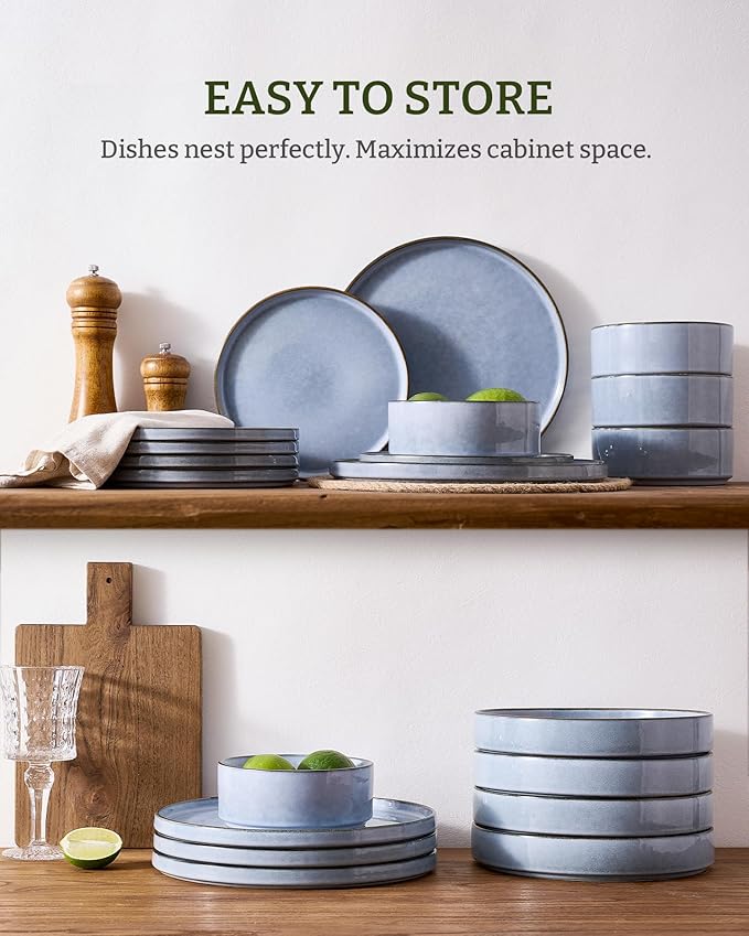 Famiware Annecy Plates and Bowls Sets, Service for 4 (16 Pieces), Dinnerware Sets with Pasta Bowls, Microwave and Dishwasher Safe Dishes Set, Chip and Scratch Resistant, Reactive Blue