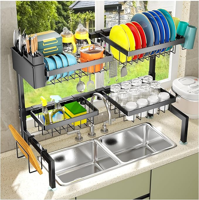YKLSLH 4 Baskets Over The Sink Dish Drying Rack, Extendable Large Capacity Sink Rack, Metal Drying Rack Saving Space,for Most Sinks (26.57"-35")