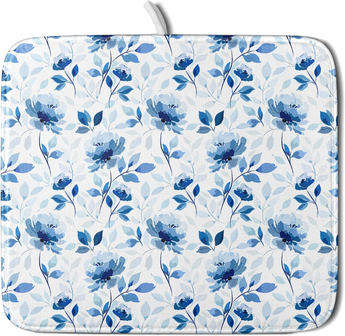 Blue Floral Dish Drying Mat 16x18 inch Flower Leaves Dish Rack Pad Microfiber Washable Dishes Drainer Pad Kitchen Countertop Accessories