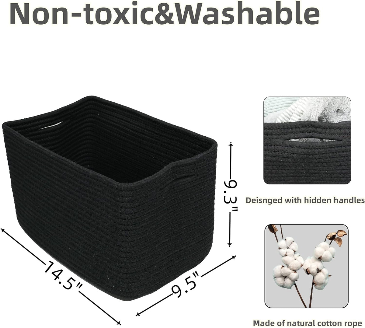 Cotton Rope storage Basket Bins 14.5X9.5X9.3“ Woven Basket for Organizing Shelves Rectangle Decorative Baskets For storage Clothes Toys Books Towels Square Wicker Nursery basket organizer 3 pack black