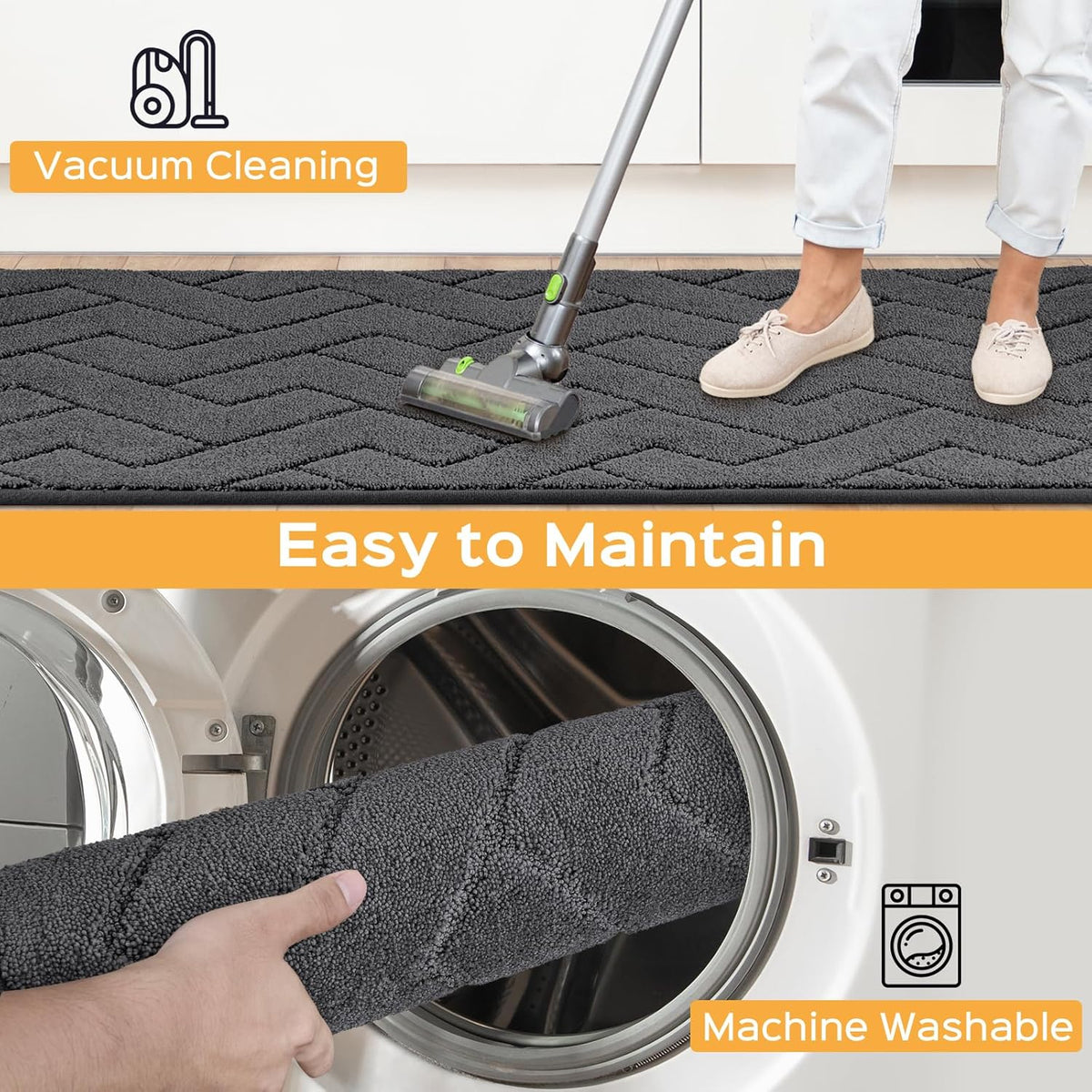 Machine Washable Kitchen Rugs Set (24" x 36"+24" x 60"), Non-Slip Kitchen Runner Rugs Mats for Floor, Absorbent Comfort Standing Mats for Kitchen, Sink and Hallway, Rolled Packaging, Charcoal