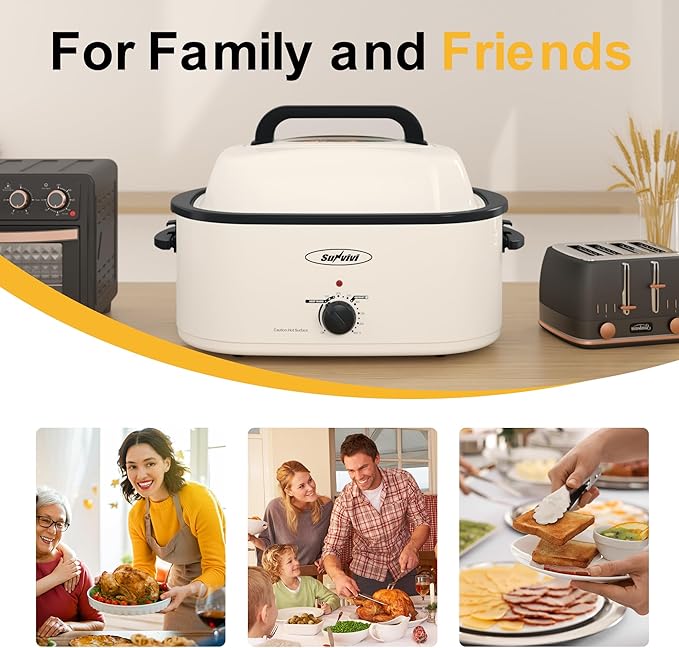 Sunvivi Roaster Oven, Electric Roaster Oven with Viewing Lid, 28lb 24-Quart Turkey Roaster with Unique Defrost/Warm Function, Large Roaster with Removable Pan & Rack, Stainless Steel, White