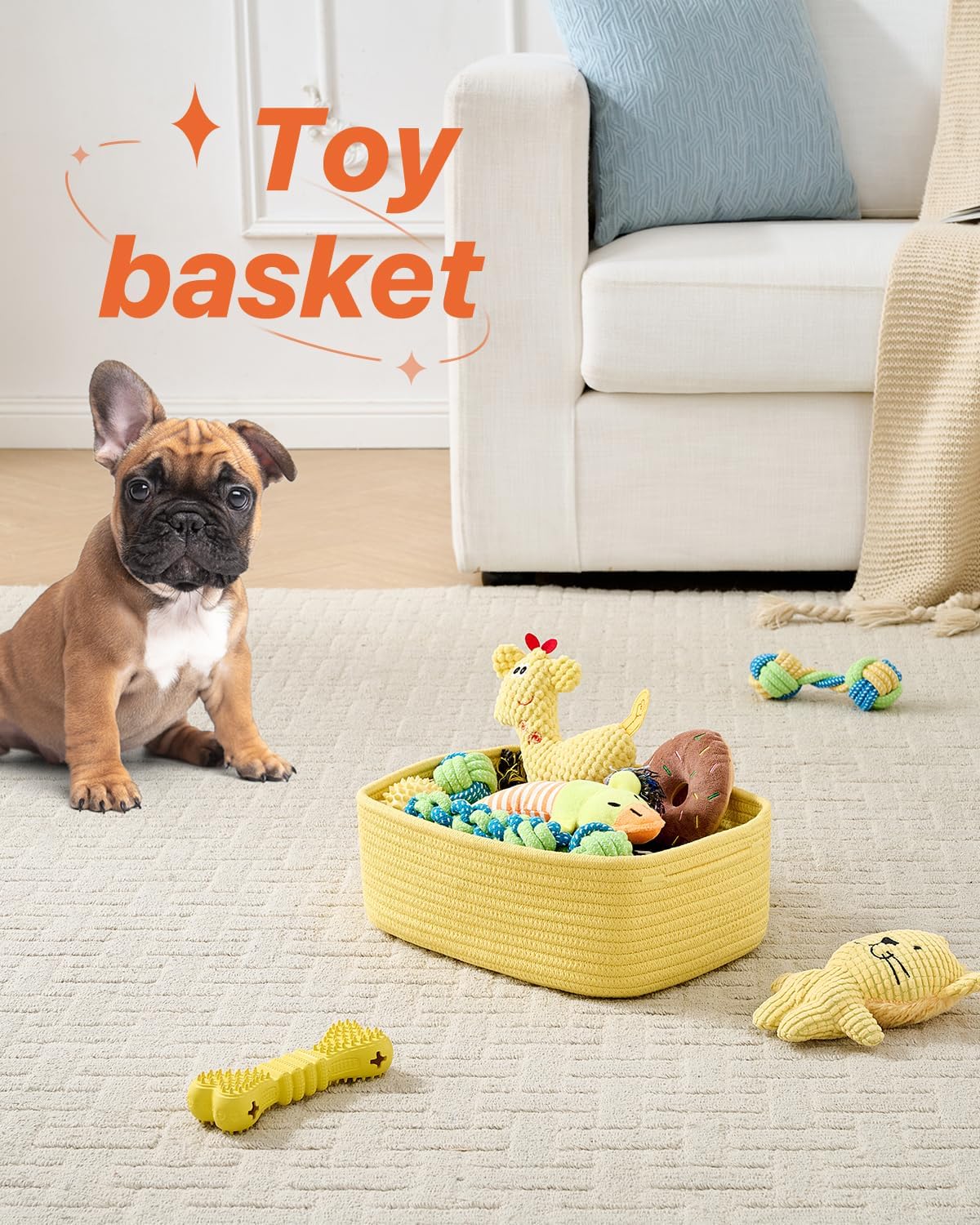 Small Woven Basket, 12 x 8 x 4.5 Inches, Storage Basket for Organizing, Cute Small Rope Shelf Closet Cube Storage Bins Baskets for Shelves, Dog Toy Gift Baskets Empty, 3 Pack Yellow