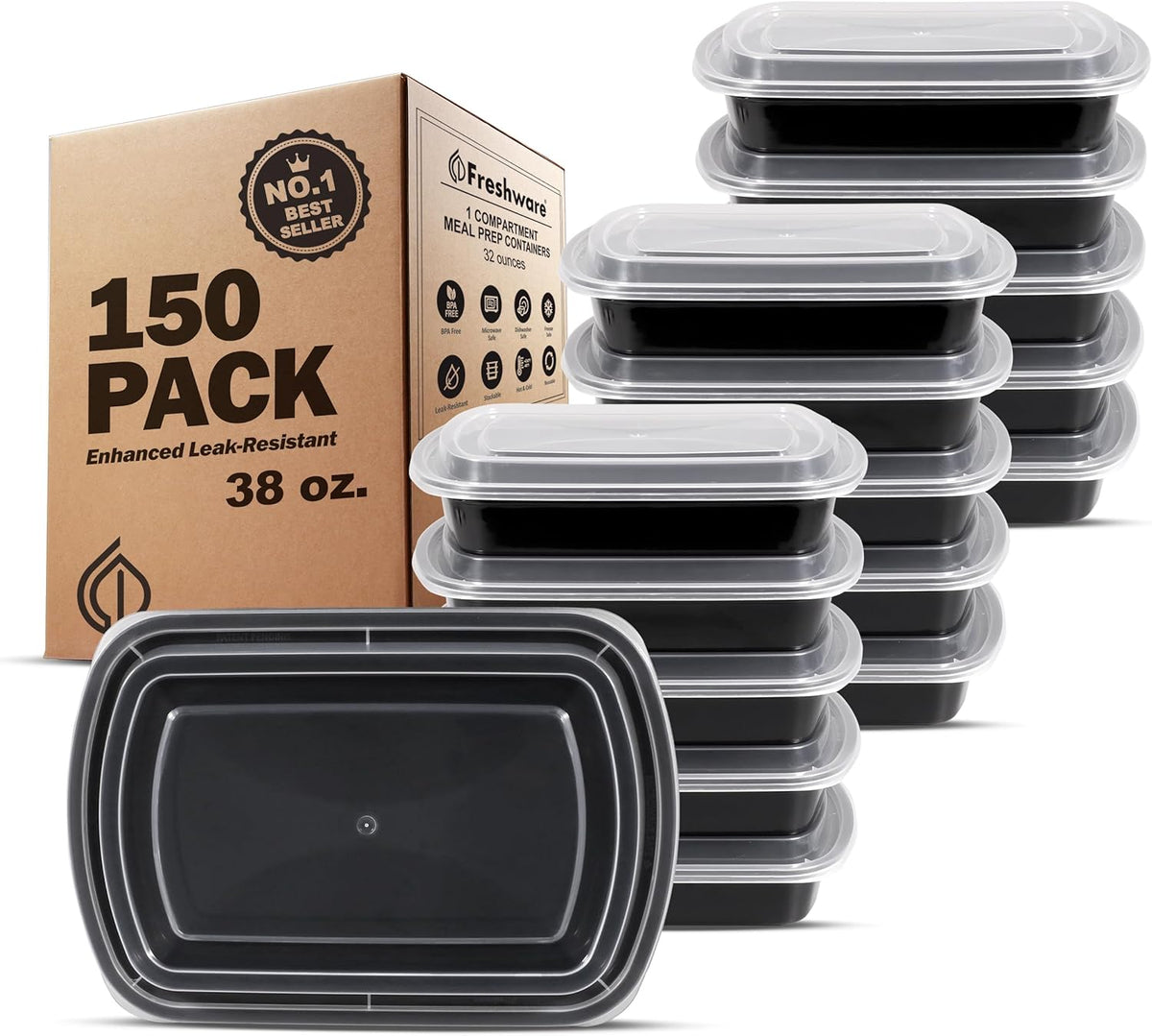 Freshware Meal Prep Containers [150 Pack] 1 Compartment Food Containers with Lids, Bento Box, Stackable, Microwave/Dishwasher Safe (38 oz)