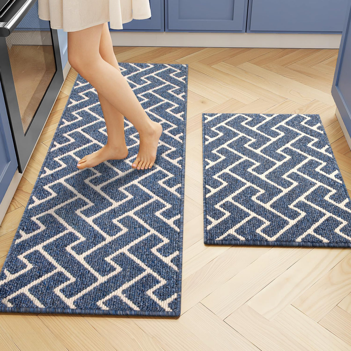 hicorfe Kitchen Rugs and Mats Sets,Non-Slip 2 Pieces Absorbent 100% Polypropylene Rug,Comfort Kitchen Runner Mat,Washable for Kitchen,Sink,Laundry(20" x 31.5" Plus 20" x 59",Navy Blue)
