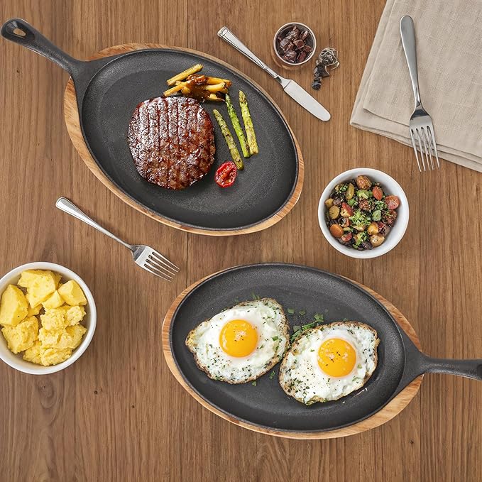 4 PCS Fajita Skillet,Sizzler Plates With Wooden Base And Handle Cover,Steak Plates,Cast Iron Skillet Set,Cast Iron Plates for Home Party Eating