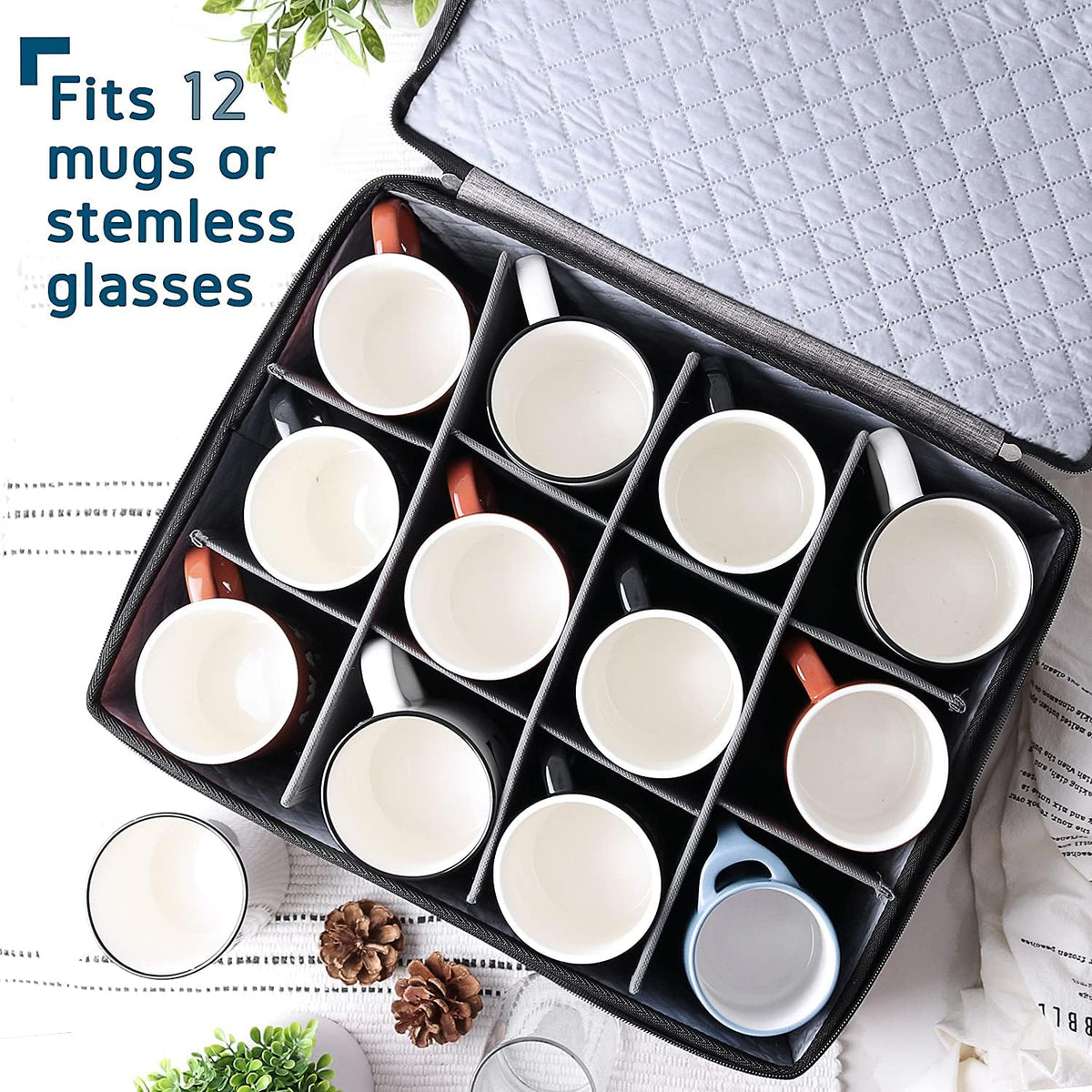 Coffee Mug Storage, 2 Pack Quilted and Stackable Coffee Cup Storage Organizer for Service of 24, Mug Storage Box with Dividers, China Containers Hard Shell for Moving and Organization, Grey