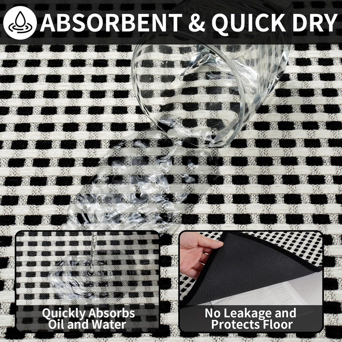 Kitchen Mat Kitchen Rugs Sets of 2 PCS Non Slip Washable, Super Absorbent Soft Braided Kitchen Mats for Floor, Rubber Backing Comfort Standing Kitchen Sink Mat Runner Rug, Black 17"x28"+17"x59"