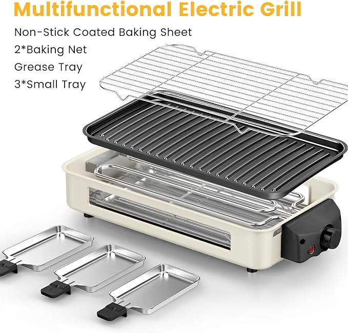 Electric Indoor Grill 1500W, YOHAWJAN 2 in 1 Smokeless Indoor Grills with Non-stick Removable Grill & Griddle Plate, Temperature Control, Portable Korean BBQ Grill with 3 Raclette Cheese Pans