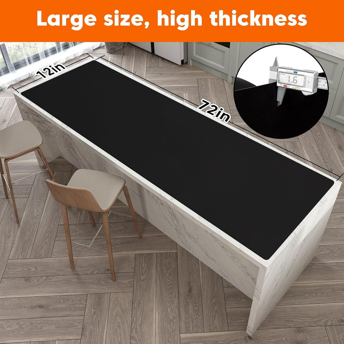 Large Silicone Mats for Kitchen Countertop, Heat-Resistant Placemats and Coasters to Protect Your Tabletop, Skin-Friendly Surface Counter Protector Mat, Freely Cuttable (Black, 12" x 72" x 1.6mm)