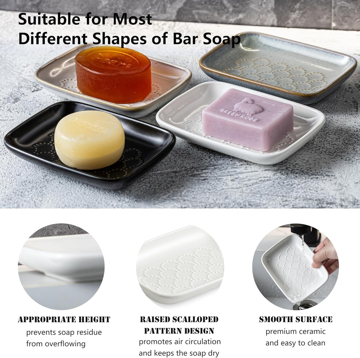 Gomakren Soap Dish for Shower, Ceramic Soap Dishes for Bar Soap Sponge, Shower Soap Holder Saver Tray for Bathroom Kitchen Sink, Easy to Clean, White