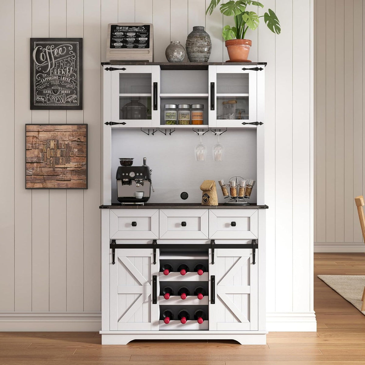 Coffee Bar Cabinet with Sliding Barn Doors 71'' Farmhouse Pantry Cabinet with Drawers & Wine Glass Rack Rustic Buffet Cabinet for Kitchen, White and Black