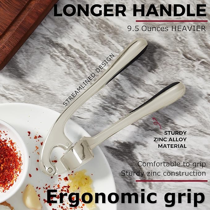 Kitessensu High Effective Garlic Press With Studs, Heavy Duty Garlic Mincer, Easy to Squeeze and Clean, Rust Proof & Dishwasher Safe, Ginger Crusher- Imperial Silver