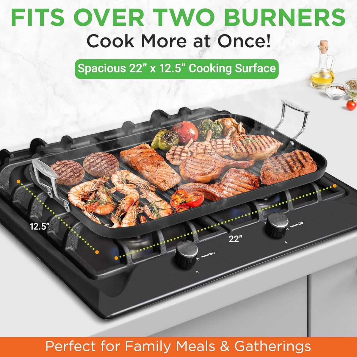 NutriChef 20"x13" Stove Top Grill Pan - Double Burner, Hard-Anodized Non stick Grill & Griddle Pan