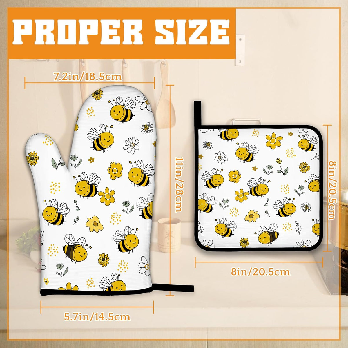Cute Bee Oven Mitts and Pot Holders,Flower Heat Resistant Oven Mitts Gloves and Pot Holder for Home Kitchen Decorations Cooking Baking BBQ Gifts,Set of 4