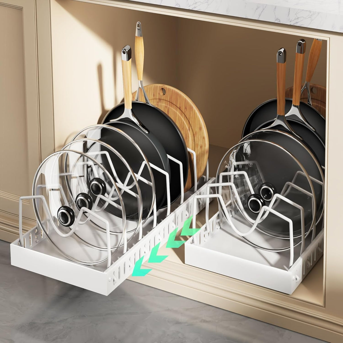 Pull Out Pots and Pans Organizer Under Cabinet, Sliding Lid Holder and Pan Rack in Kitchen, Slide Out inside Cabinet Storage for Pot Lid, Bakeware, Dishes, 8 Adjustable Dividers, 2 Pack White