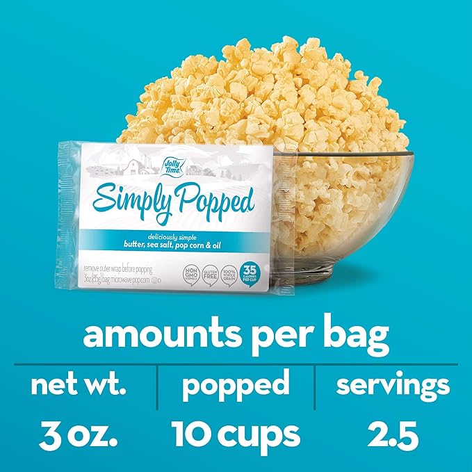 Jolly Time Simply Popped - Lightly Salted Microwave Popcorn, 3oz Sharing Bag, 3 Bags Per Carton (Simply Popped Butter, 3 Ounce (Pack of 12))