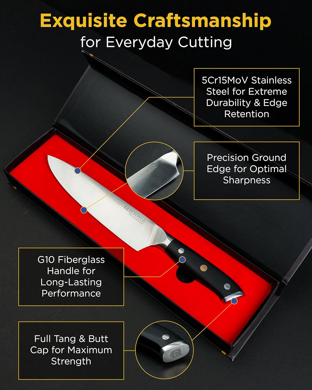 Modern Chef's Knife, Precision Crafted German Style High Carbon Stainless Steel, Improved Shape For Balance and Comfort, Space-Age Advanced Fiberglass Composite Handle, Full Tang, Butt Cap & Gift Box