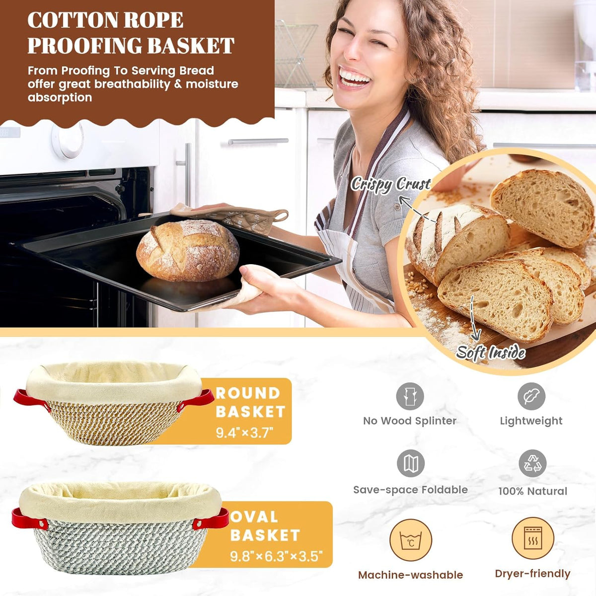 HASHMUST Banneton Bread Proofing Basket Kit, Sourdough Starter Jar Set, 9'' Round 10" Oval Fermentation Bowls Homemade Baking Supplies, Tools with Dough Whisk Cutter Lame Scraper Brush Scraper Bags