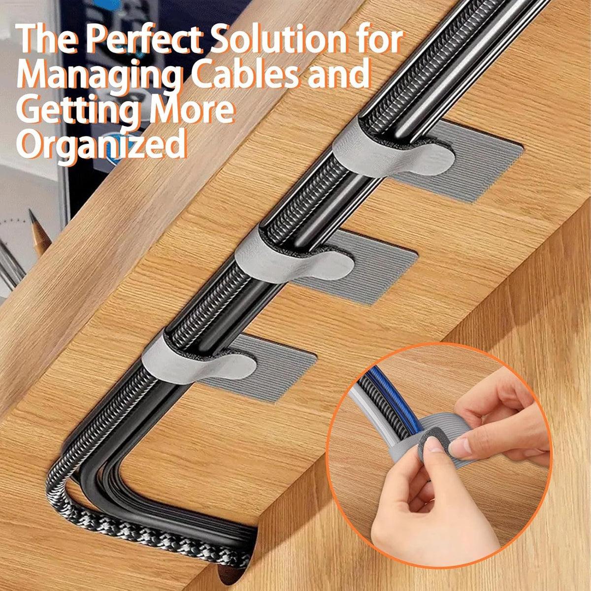 Hook and Loop Cable Straps, Cable Management Under Desk, Adjustable Cord Organizers for Desk, Self Adhesive Cable Ties, Cable Clip,Home Office Essentials, 50PCS (Black+Grey)