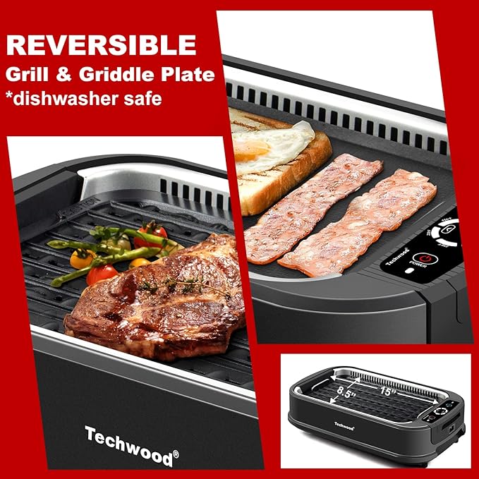 Techwood Indoor Grill Smokeless Grill, Electric Korean BBQ Grill with Glass Lid, Turbo Smoke Extractor Technology, Dishwasher-Safe Drip Tray & Nonstick Grilling Removable Plate, Black, 1500W