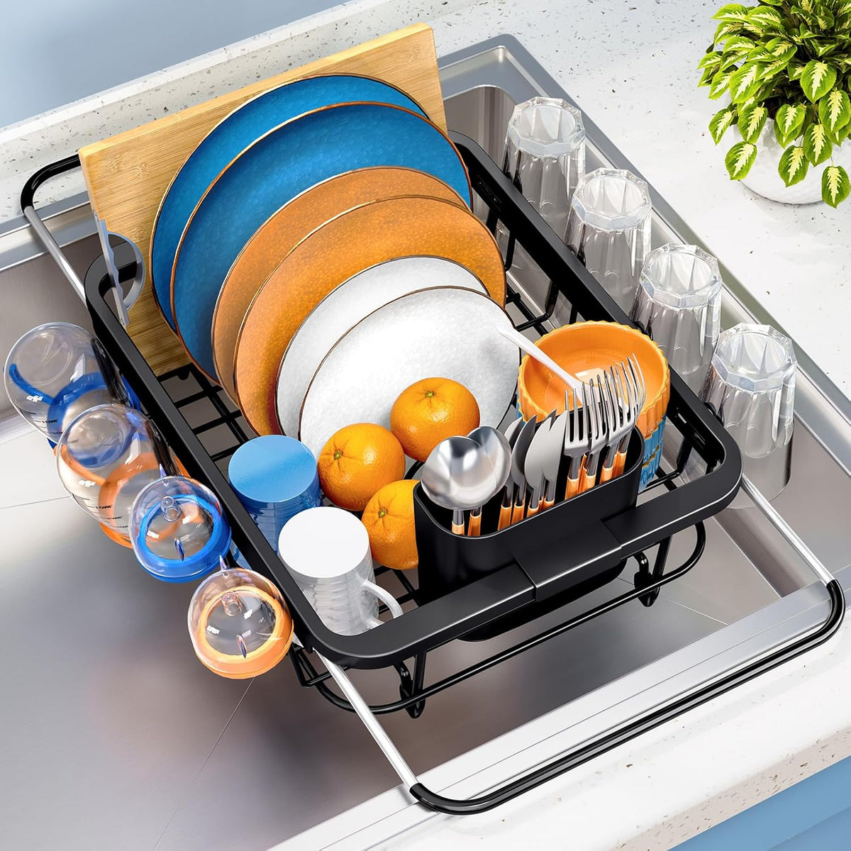 Over the Sink Dish Drying Rack,In Sink Dish Drying Racks,Expandable Dish Rack Over Sink Counter,Adjustable Dish Drainer for Inside Sink with Utensil Holder, Stainless Steel Dish Strainer Medium Size